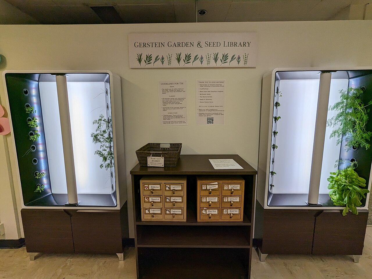 Two indoor growing towers beside a library cabinet.